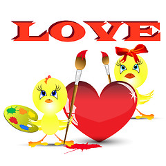 Image showing Two chickens on the Valentine's day paint heart