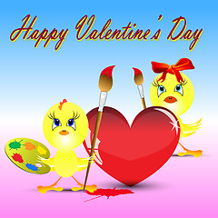 Image showing Two chickens on the Valentine's day paint heart