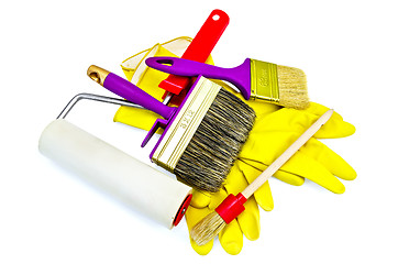 Image showing Brushes of various sizes with yellow gloves and roller