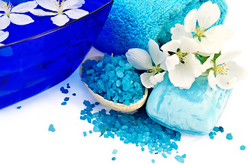 Image showing Salt and soap blue with towel and flowers of apple