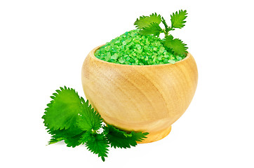 Image showing Salt in the green wood bowl with nettle
