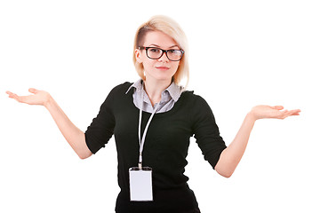 Image showing Smiling businesswoman with blank ID badge