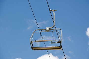 Image showing An empty ski chair lift with blue sky