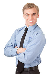 Image showing portrait of a happy manager in the blue shirt