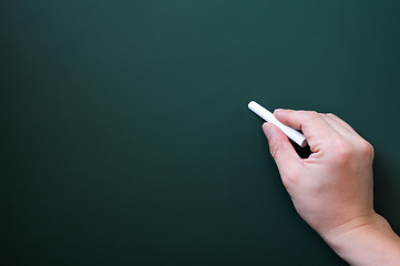 Image showing Blackboard background with a hand holding chalk writing.