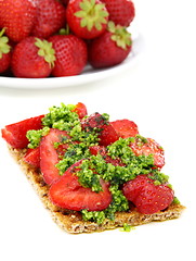 Image showing Strawberry brusketa with parsley pesto.