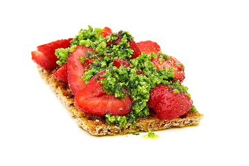 Image showing Strawberry on toast with a sauce of almonds, parsley and Parmesa