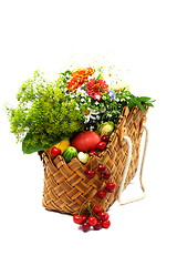 Image showing Summer fruits, vegetables and flowers in a basket