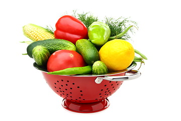 Image showing Summer vegetables in metal colander.