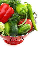 Image showing  Fresh vegetables in metal colander.