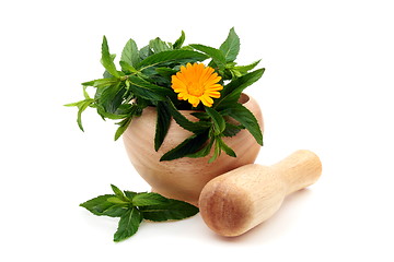 Image showing Mint leaves and Calendula in a wooden mortar.