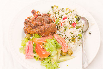 Image showing Roast lamb with rice and salad