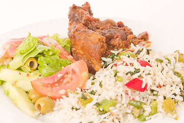 Image showing Roast lamb with rice and salad