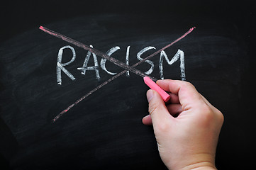 Image showing Cross out racism on a smudged blackboard background