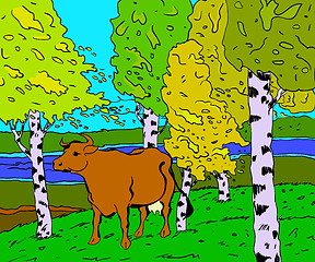 Image showing autumn sunny landscape with forest river and cow - vector illust