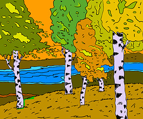 Image showing autumn sunny landscape with forest river  - vector illustration