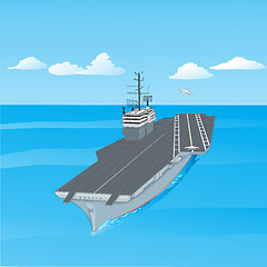 Image showing Aircraft carrier floating on waves with plane flying up