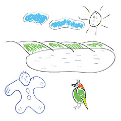 Image showing Children's drawing the sun a bird and the boy