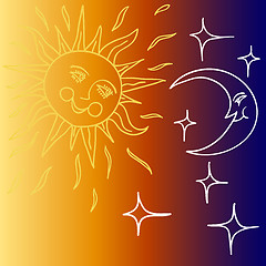 Image showing Vector illustration of Moon and Sun with faces 