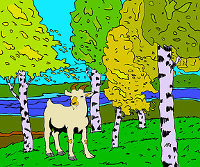 Image showing autumn sunny landscape with forest river  and goat - vector illu