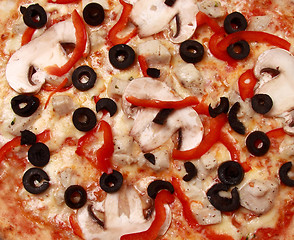 Image showing Pepperoni pizza with mushrooms, shrimps and olives background