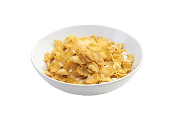 Image showing Cornflakes in porcelain bowl isolated on white background