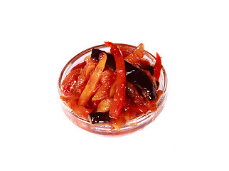 Image showing French fries potatoes with tomato ketchup in small glass