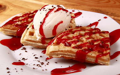 Image showing sweet pancakes with creem and ice cream