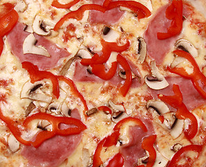 Image showing pizza with tomato and meat background
