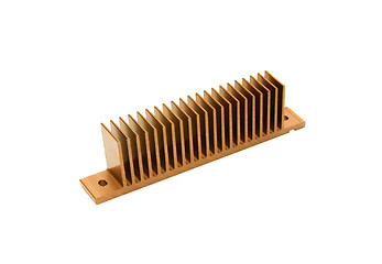 Image showing Closeup of an golden cpu cooler isolated on white