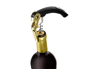 Image showing Cork-screw opening wine bottle