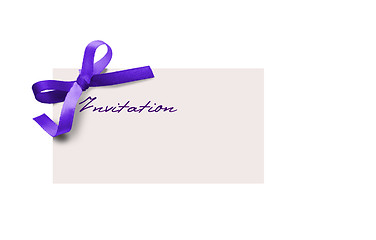 Image showing close up of card note with purple ribbon on white