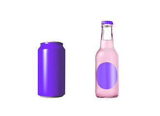 Image showing violet aluminum can with soda in glass bottle