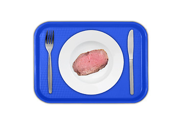 Image showing Cut sirloin beef on a plate with fork and knife