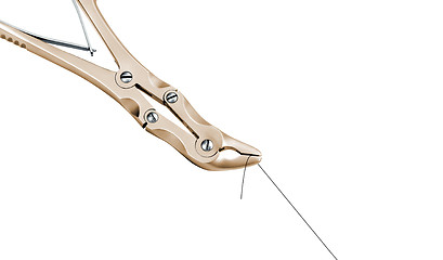 Image showing needle holder with an atraumatic curved cutting needle attached