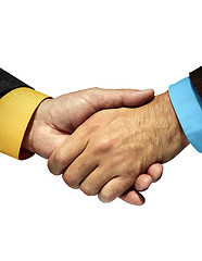 Image showing Labcoat arm shaking hands with Business suited arm