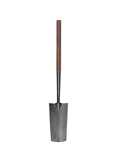 Image showing Wood handle, rusty square-point digging shovel