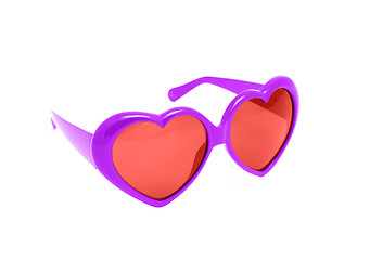 Image showing Red with pink glasses in the shape of a heart on a white