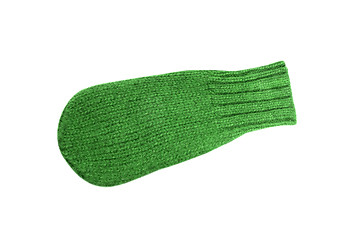 Image showing Green wollen knitted mitten over white background