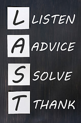 Image showing Acronym of LAST for listen, advice, solve, thank