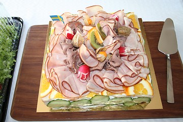 Image showing Sandwich gateau with ham and roast beef