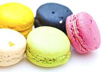Image showing Photo of French dessert, colorful macarons.