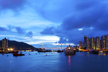 Image showing Hong Kong bridge and apartment blocks at night