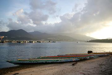 Image showing Fishing boats in Hong Kong at sunset