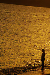 Image showing Woman standing along the coast at sunset