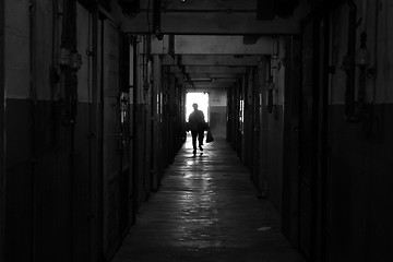 Image showing Corridor of a old Hong Kong public housing estate, black and whi