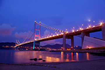 Image showing Tsing Ma Bridge at night in Hong Kong