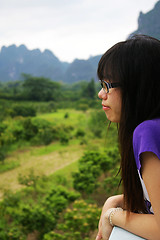 Image showing Asian woman thinking outdoor