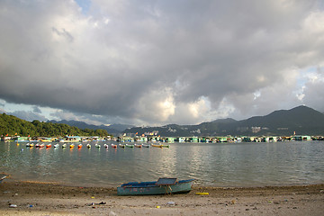 Image showing Coastal landscape with many boats