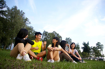 Image showing Asian friends talking at countryside